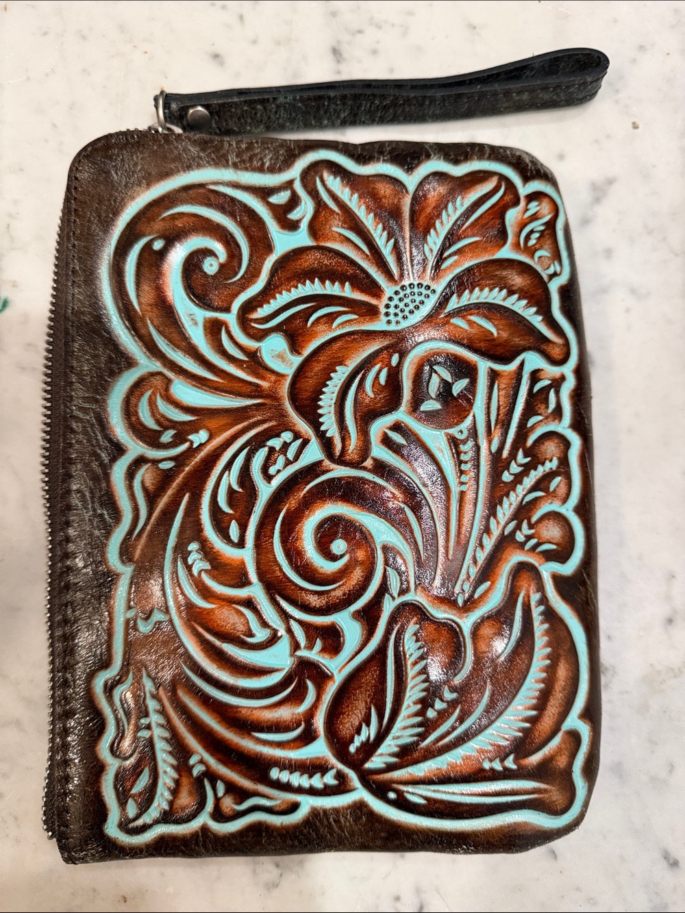 Patricia Nash Brown Leather Wristlet with Turquoise Accents